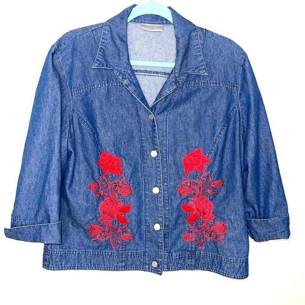Saint Germain Paris Denim Jacket Womens Vintage Embroidered Appliqué Cotton Blue